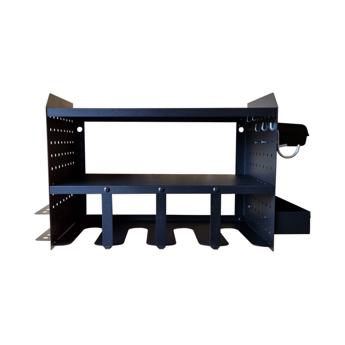 A black workbench with two shelves and two drawers, perfect for Power Tool Storage Rack - With Accessories storage.