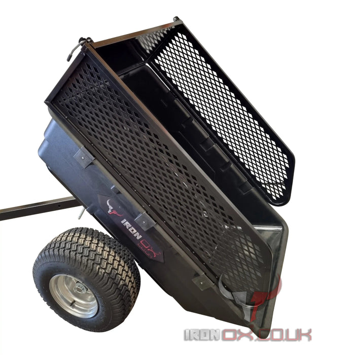 A black Iron Ox® Haul 10 - Tipping Trailer 1500lb with wheels and a basket.