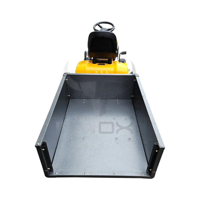 A yellow and black Iron Ox® 'MT' - Tipping Trailer 400lb with a black dump cart.