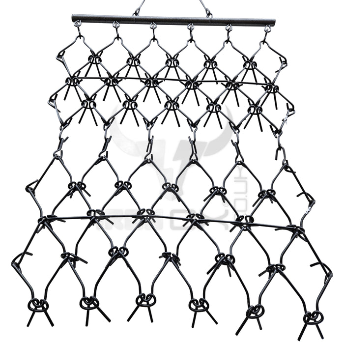 A Heavy Duty Drag Harrow 1.3m Wide hanging on a white background for ground preparation.