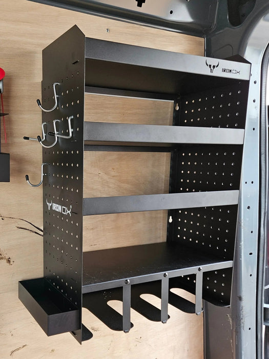 The Van Racking Drill & Accessory Shelf for Garages and Workshops is a black metal storage unit that mounts on the wall and features shelves, hooks, and compartments for efficient organization of power tools in your garage.
