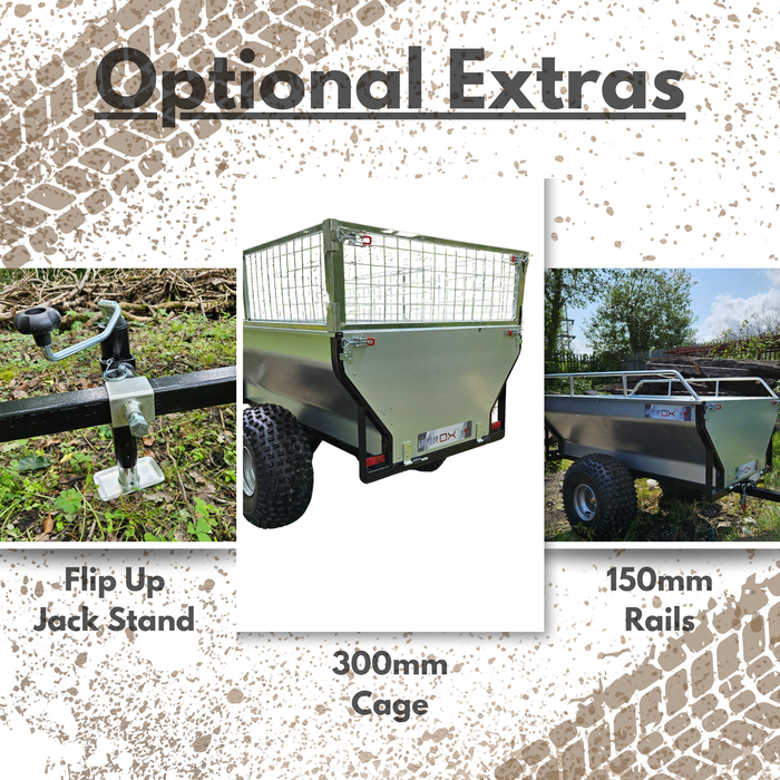 Image displays optional extras for the All-Terrain ATV & Farm Tipping Trailer - Trail 6: flip up jack stand, 300mm cage, and 150mm rails—each shown and labeled. Perfect upgrades for your heavy-duty utility or off-road tipping trailer.