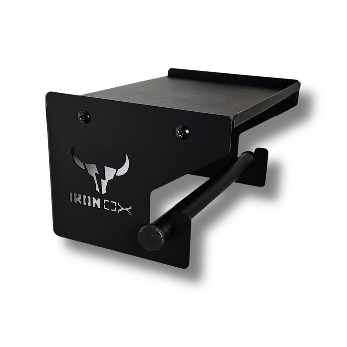 The Blue Roll Holder & Dispenser features a mounted arm with a black metal bracket, highlighted by a bull logo cutout and a durable finish, making it an ideal blend of function and style for your workshop.