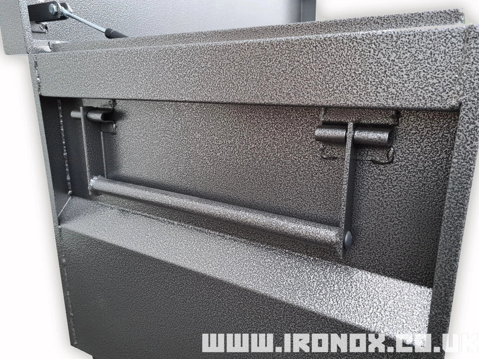 Sentence with Product Name: An Iron Ox® 48 " Steel Job Site Tool box with a handle on it.