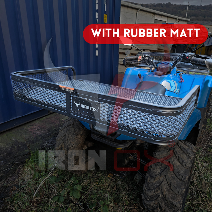A blue atv with a rubber mat and ATV Rear Basket Rack Universal Fitment on it.