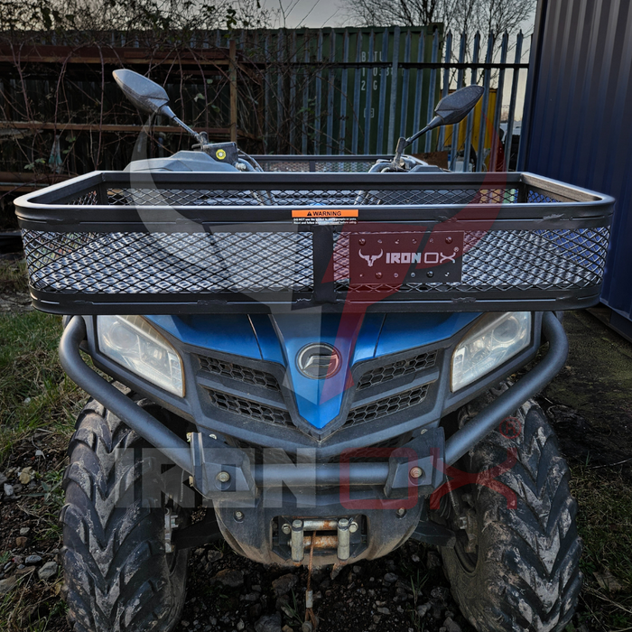 A blue ATV with a ATV Front Basket Rack Universal Fitment on the front.