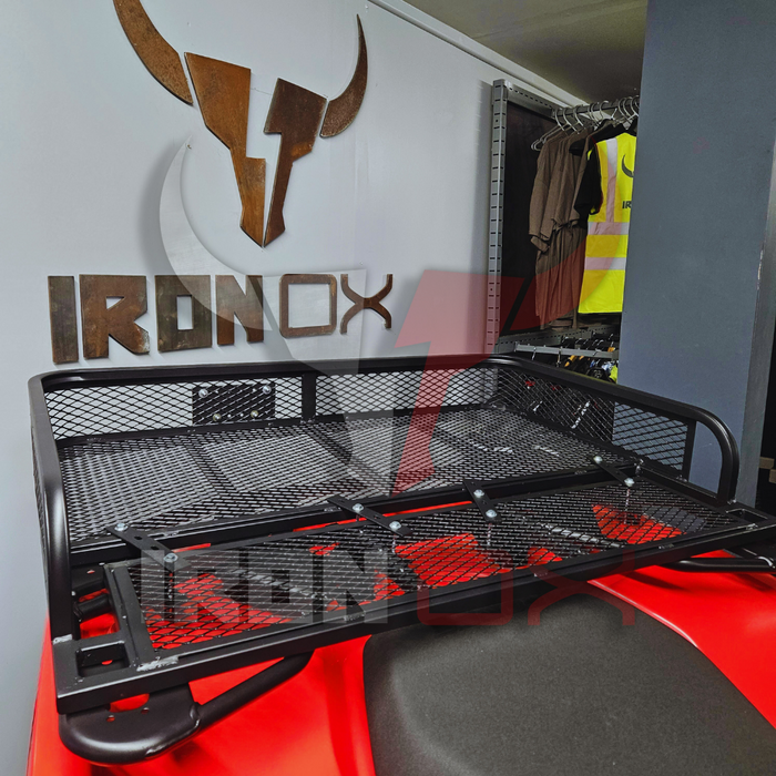 A black Heavy-Duty ATV Rear Basket Rack with the word ironox on it, providing ample Cargo Space.