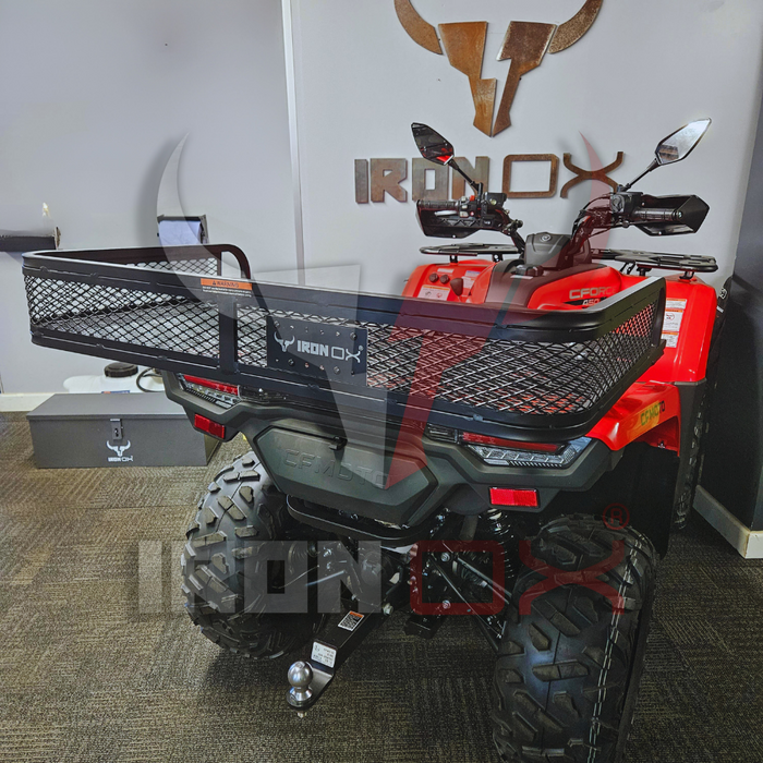 A red ATV with a heavy-duty construction and ATV Rear Basket Rack Universal Fitment in a showroom.
