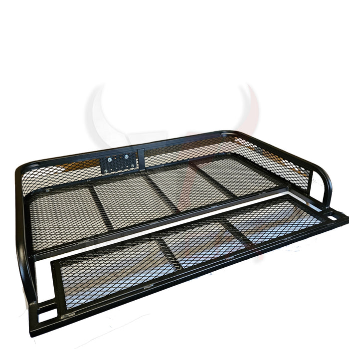 A heavy-duty black metal ATV rear basket rack universal fitment for truck bed with ample cargo space.