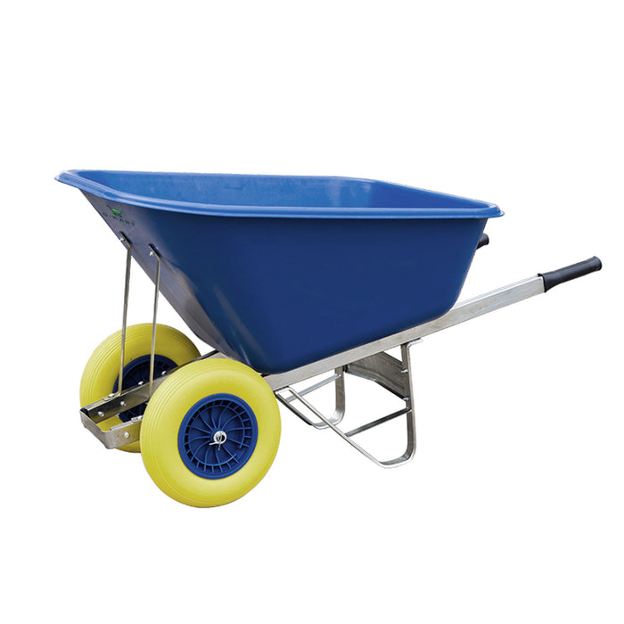 COMING SOON: A 200 Litre Puncture Proof Farm Equestrian wheelbarrow with yellow wheels on a white background.