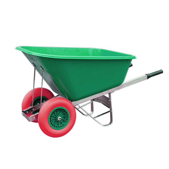 Coming soon: A 200 Litre Puncture Proof Farm Equestrian wheelbarrow with red wheels on a white background.