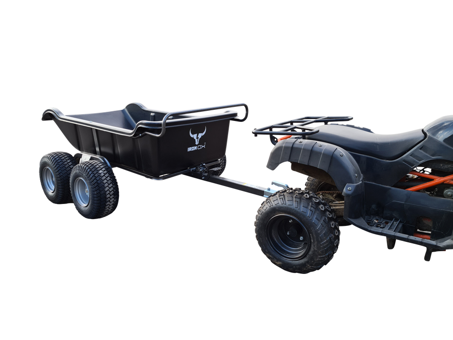 A black ATV with an Iron Ox Haul 15 - 4 Wheel Trailer attached to it.