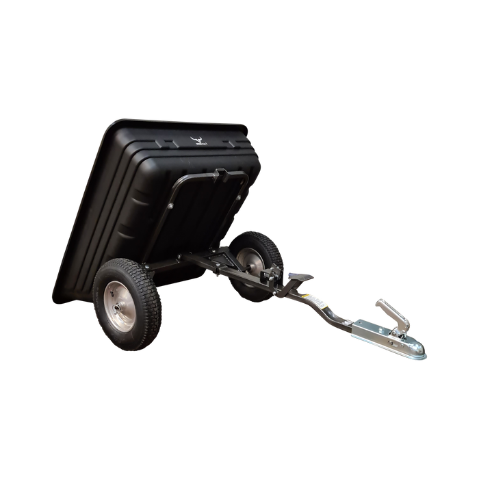 A black Iron Ox Haul 6 - Tipping Trailer 600lb with wheels on it.