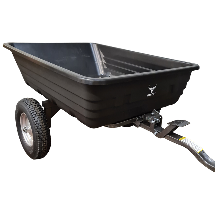 A black utility trailer with wheels on it, also known as an Iron Ox Haul 6 - Tipping Trailer 600lb.