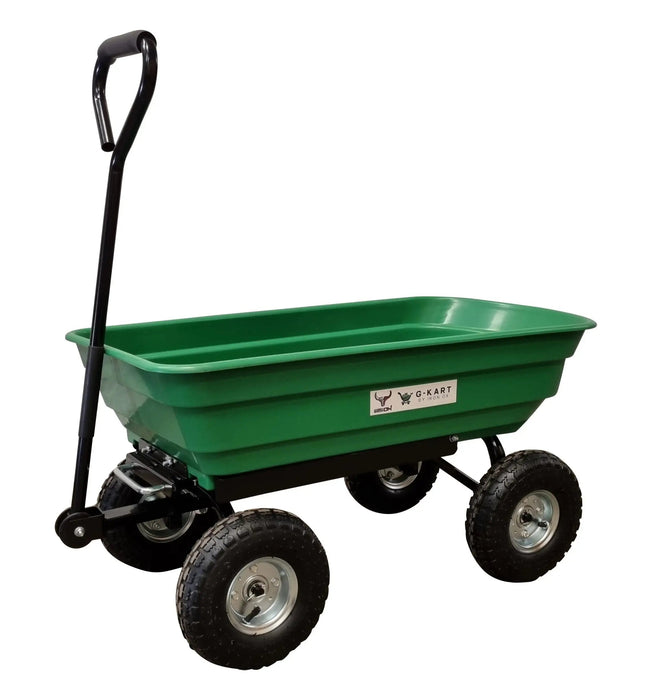 A green Garden trolley Cart -G-Kart 266KG with wheels on a white background.