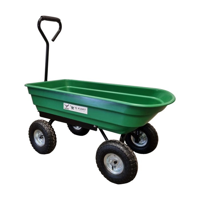 A green Garden trolley Cart -G-Kart 266KG with wheels on a white background.