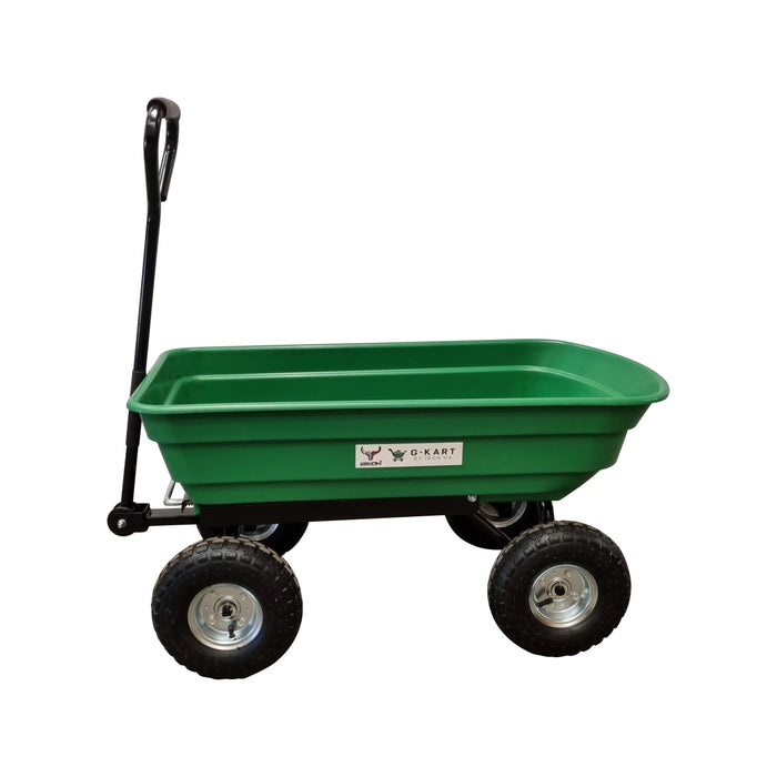 A green Garden trolley Cart -G-Kart  266KG with wheels on a white background.