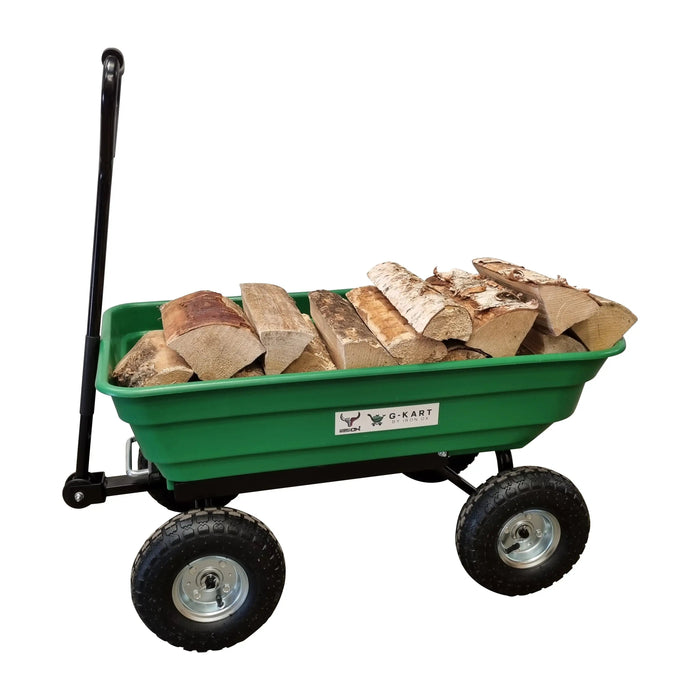 A green Garden trolley Cart -G-Kart 266KG with logs in it.