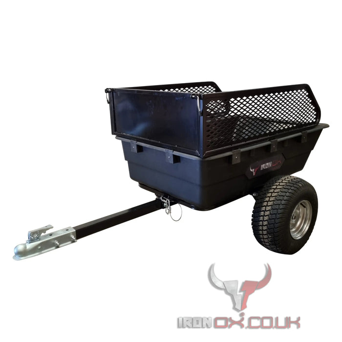 A black Iron Ox® Haul 10 - Tipping Trailer 1500lb with a basket on it.