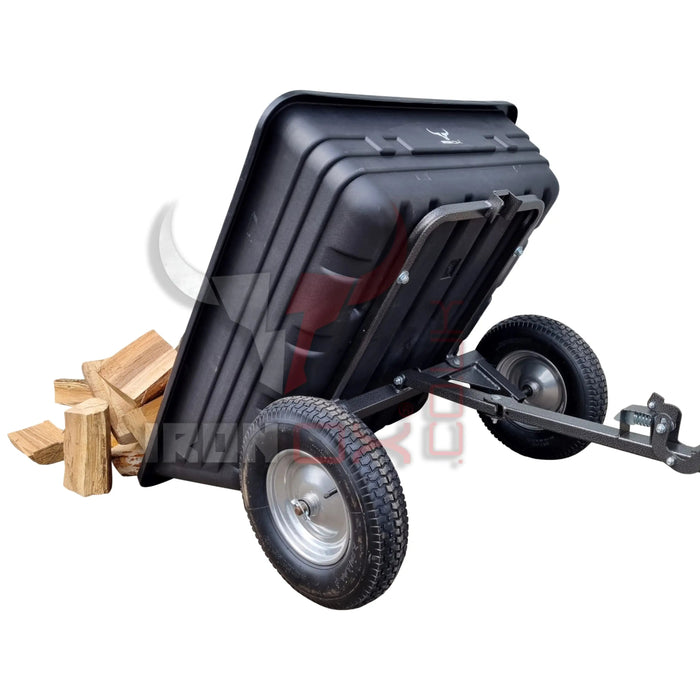 A black Iron Ox Haul 6 - Tipping Trailer 600lb with logs on it.