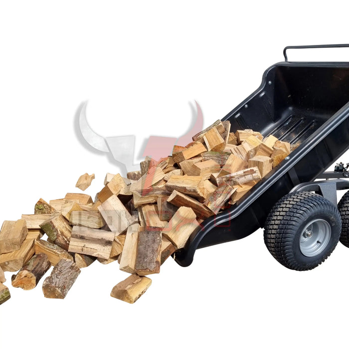 A black quad bike with a pile of wood on its ATV Tipping Trailer - Iron Ox Haul 15 - 4 Wheel Trailer.