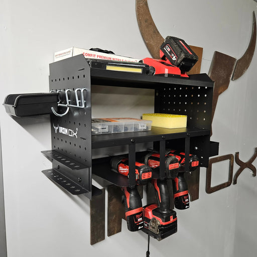 A wall mounted Precision Laser Cutting Power Tool Storage Rack - With Accessories.