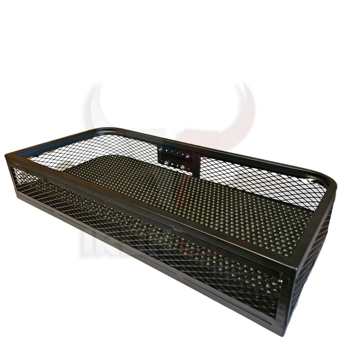 A heavy-duty black mesh ATV Front Basket Rack Universal Fitment for a truck bed.