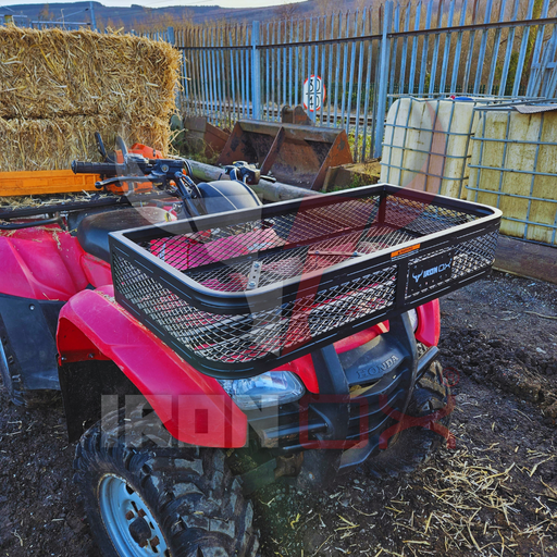 A heavy-duty red ATV Front Basket Rack Universal Fitment is parked next to hay bales.