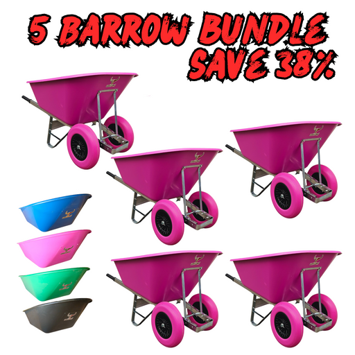 Image shows five pink 200 Litre Puncture Proof Farm Equestrian Wheelbarrows ("5 Barrow Bundle Save 38%"), with four more colors—blue, green, black, and brown—on the left. Ideal for any task with puncture-proof tyres.