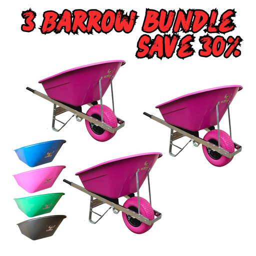 Three pink 160 Litre Puncture Proof Farm Equestrian Wheelbarrows (Bundle of 3, Save 30%) are shown, with alternative wheelbarrow colors in blue, pink, green, and brown—all offering a spacious 160 litre capacity.