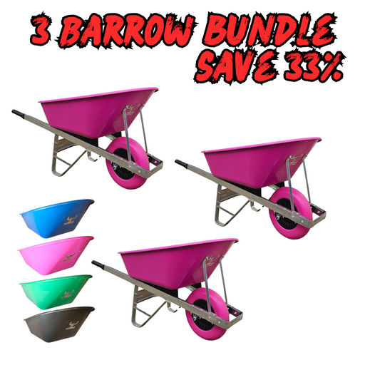 Three 120 Litre Puncture Proof Farm Equestrian Wheelbarrows (BUNDLE DEAL OF 3) in pink are displayed on a white background with “3 Barrow Bundle Save 33%” above. On the left, four smaller wheelbarrows in blue, green, turquoise, and black are shown.