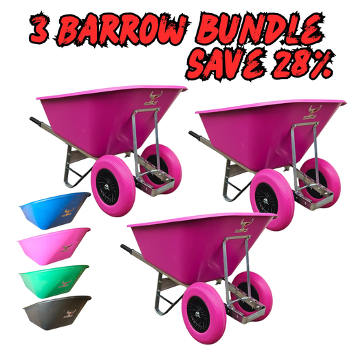 Three 200 Litre Puncture Proof Farm Equestrian wheelbarrows (bundle of 3) with strong build and large wheels are shown in pink, with smaller photos in blue, green, black, and pink. Text: "3 Barrow Bundle Save 28%.