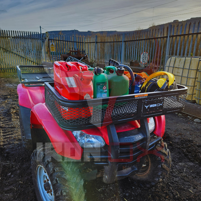 A heavy-duty ATV with a ATV Front Basket Rack Universal Fitment full of tools.