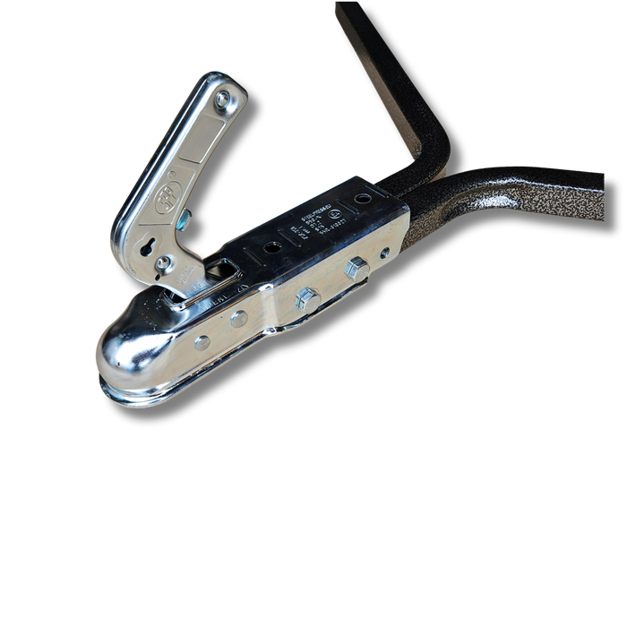 Close-up of a Lawn Roller 60" with a handle, mounted on a metal frame against a black background, showcasing universal hitch compatibility.