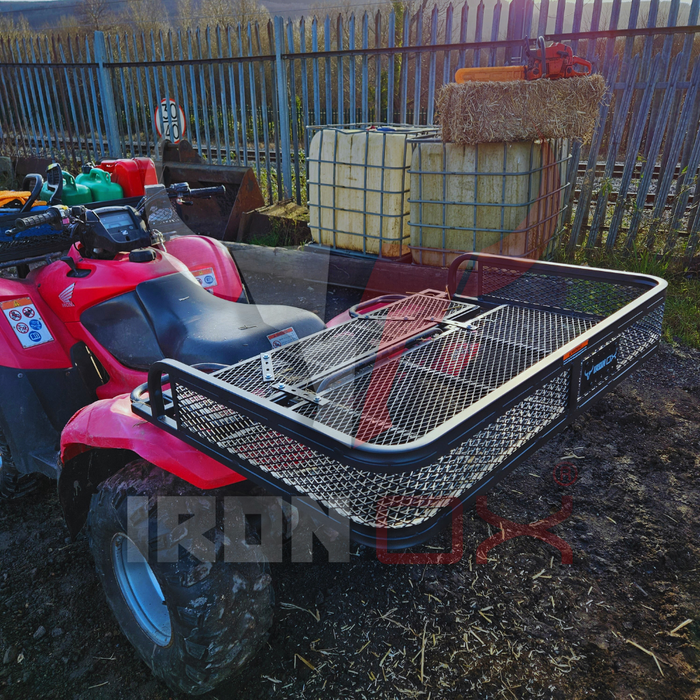 A red ATV with an ATV Rear Basket Rack Universal Fitment on the back.