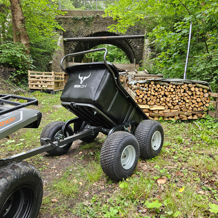 Side view of Iron Ox Haul 12 heavy-duty trailer attached to an ATV