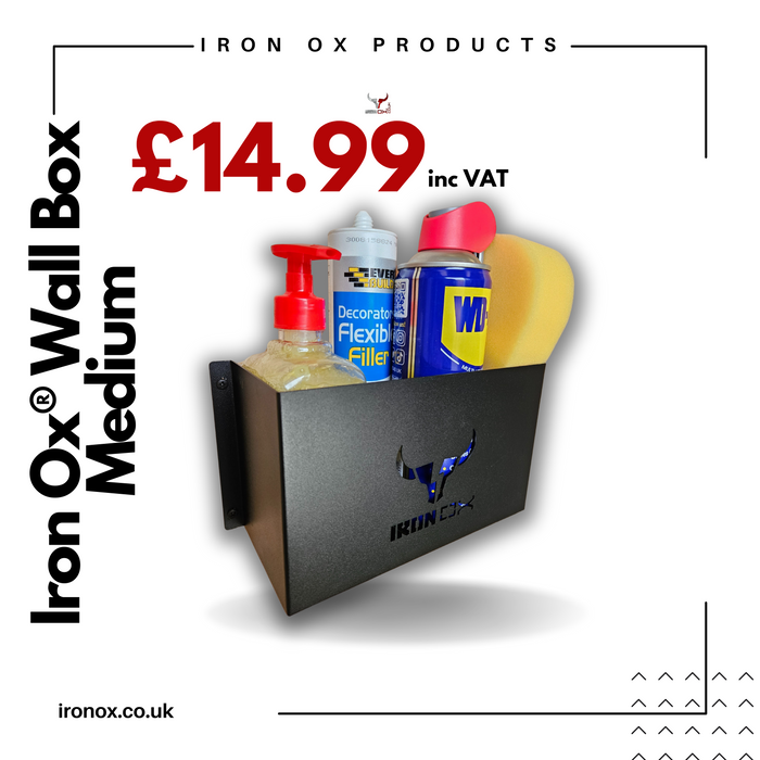 Wall-mounted General Purpose Metal Storage Box containing cleaning supplies with a price label of £14.99, including vat.