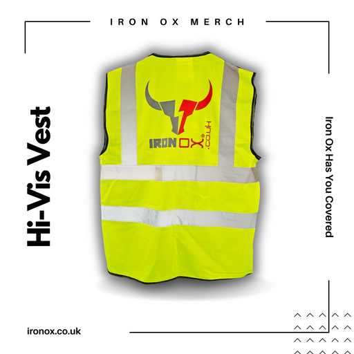 A yellow Iron Ox Padded High-Vis Vest with the words hi vs vx on it.