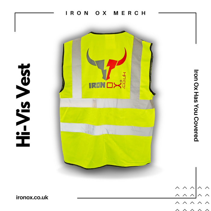 A yellow Iron Ox Padded High-Vis Vest with the words hi vs vx on it.