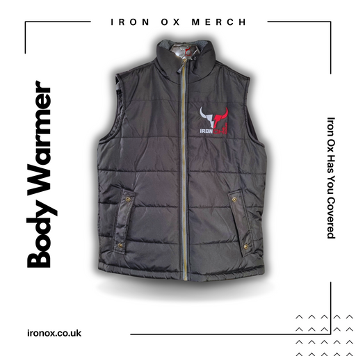A black Iron Ox Padded Body Warmer with the words iron ox mercenary on it.