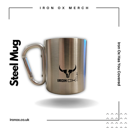 A Iron Ox Stainless Steel Mug with the words iron ox merch.