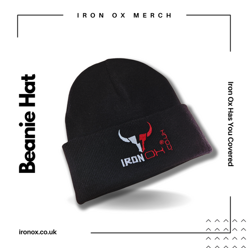A black Iron Ox Beanie Hat with the word beanie on it.