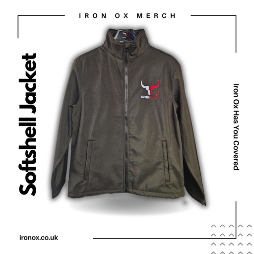 A Iron Ox Softshell Jacket with a logo on it.