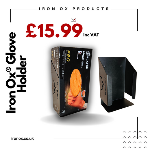 Sentence with replacement: A promotional graphic for Rubber Glove Dispenser Holder displaying a rubber glove holder priced at £15.99 including vat, with a link to ironox.co.uk for purchase.