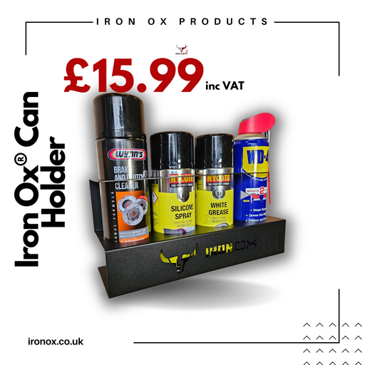 Aerosol can holder displaying various lubricant and cleaning spray cans, priced at £15.99 including vat.