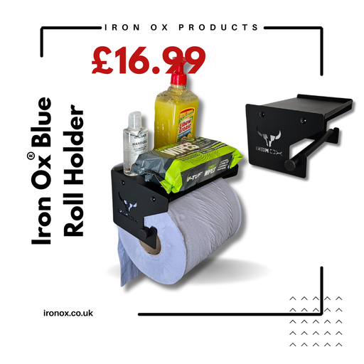 The Iron Ox Blue Roll Holder & Dispenser comes in a durable black finish and includes labeling for paper towels, hand sanitizer, and cleaning products, all priced at £16.99. This versatile dispenser is perfect for maintaining an organized and hygienic workspace.