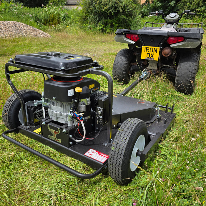 Tow behind pasture topper with petrol engine for quads and ATVs.