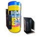A container labeled "Big Wipes Scrub & Clean" with a sleek, black Wipe Dispenser Holder designed to secure the container, offering a universal fit.