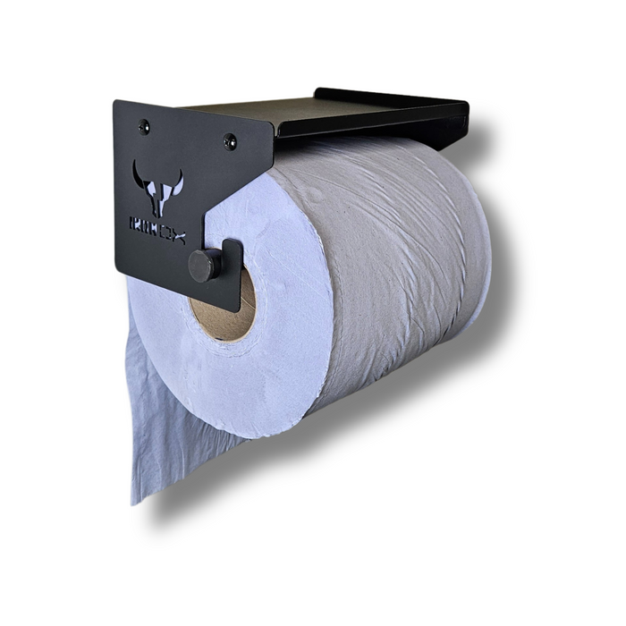 A large toilet paper roll snugly sits on a Blue Roll Holder & Dispenser, showcasing its durable finish against a white background.