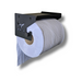 A large toilet paper roll snugly sits on a Blue Roll Holder & Dispenser, showcasing its durable finish against a white background.